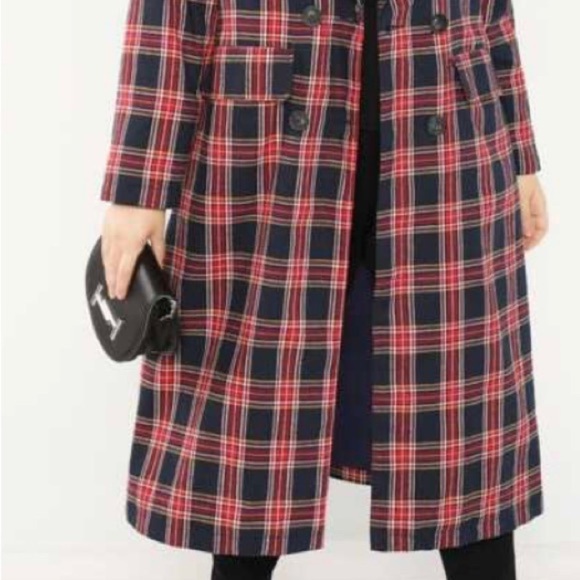 Long lightweight Red and Navy Plaid Double Brest button up Fall coat - Picture 6 of 7